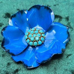 Blue Floral Enameled Brooch with Turquoise Accents